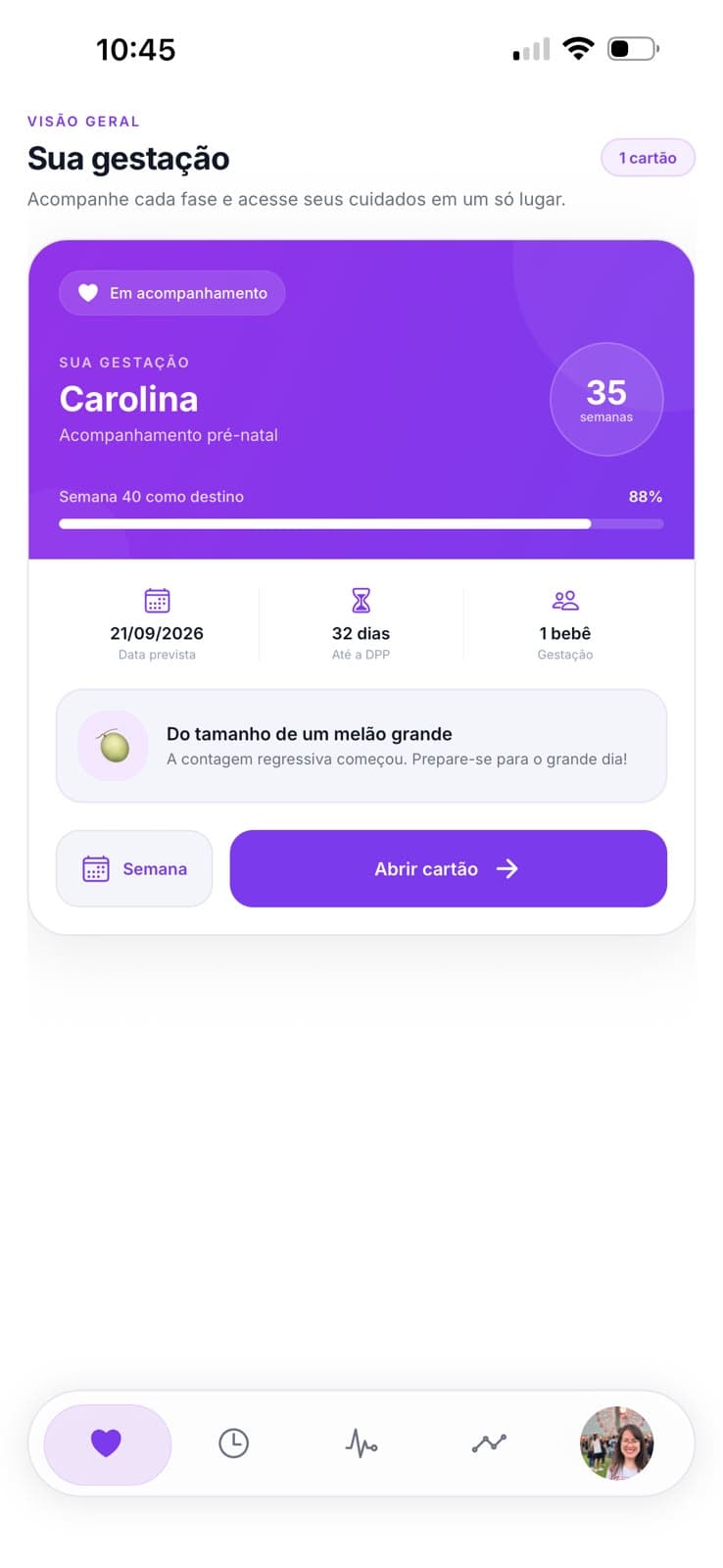 Visão geral da gestação no aplicativo PrenatalPro
