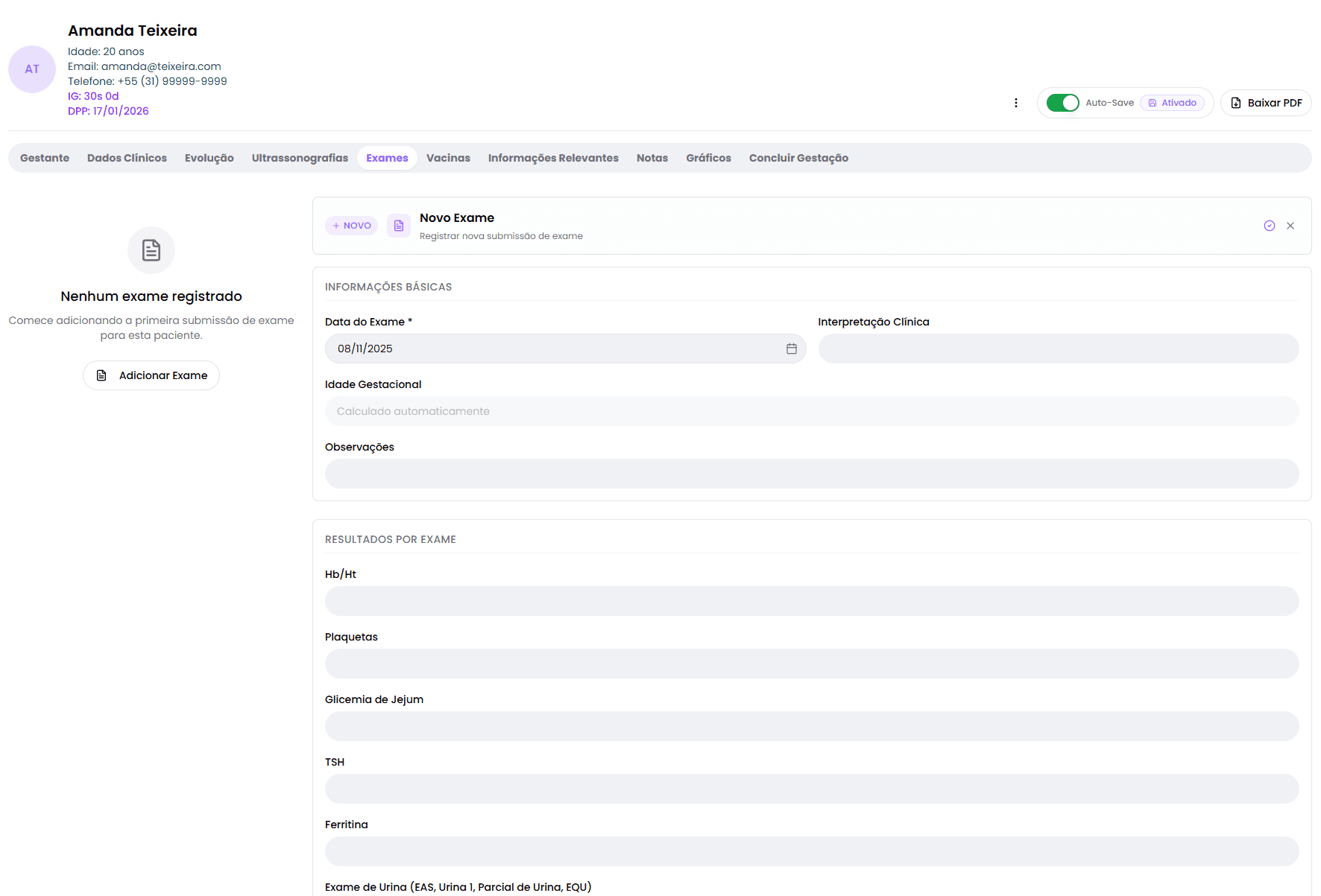 Aba Exames: Registro e Acompanhamento de Exames Laboratoriais