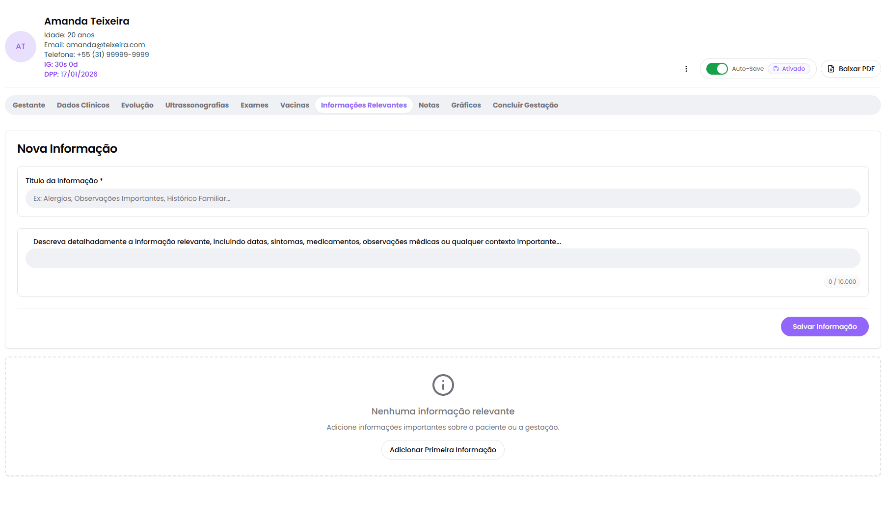 Aba Informações Relevantes: Registre Detalhes Críticos da Gestação